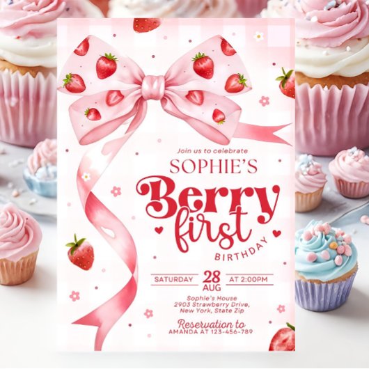Berry First Birthday Invitation, Strawberry Birthd Kaart