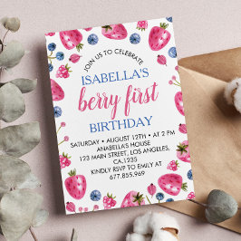 Berry First Birthday Invitation Strawberry Theme Kaart