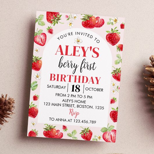 Berry First Birthday Invitation Strawberry Theme Kaart