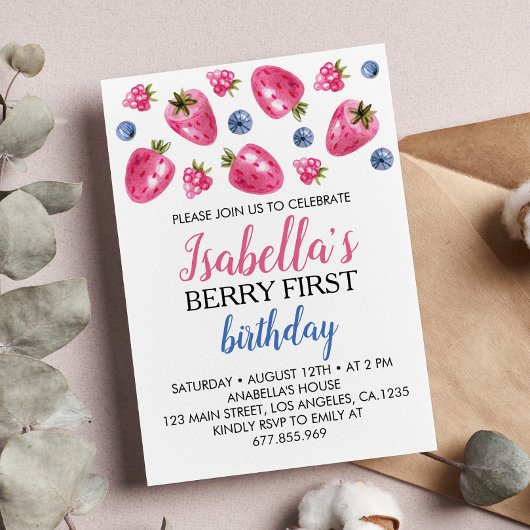 Berry First Birthday Invitation Strawberry Theme Kaart