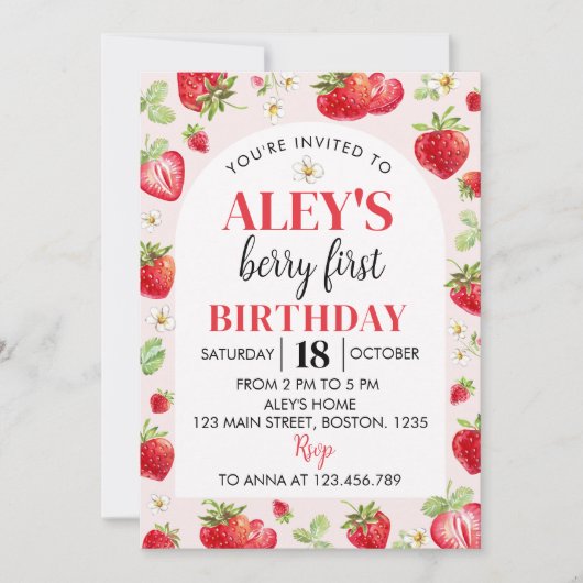 Berry First Birthday Invitation Strawberry Theme Kaart (Voorkant)
