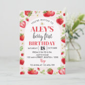 Berry First Birthday Invitation Strawberry Theme Kaart (Staand voorkant)
