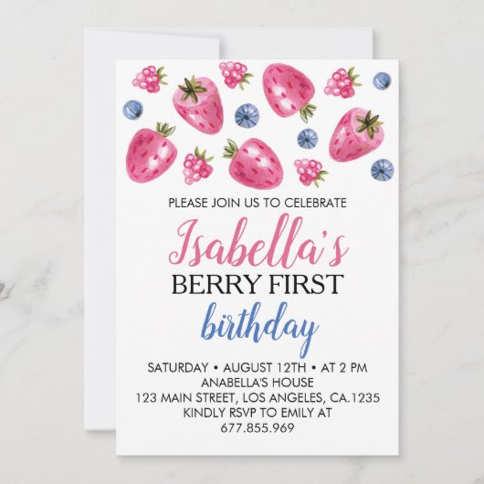 Berry First Birthday Invitation Strawberry Theme Kaart (Voorkant)