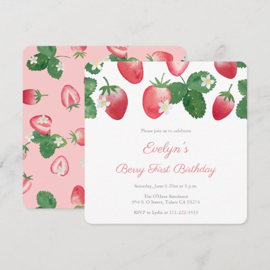 Berry First Birthday Party aardbeien Kaart (Voorkant / Achterkant)
