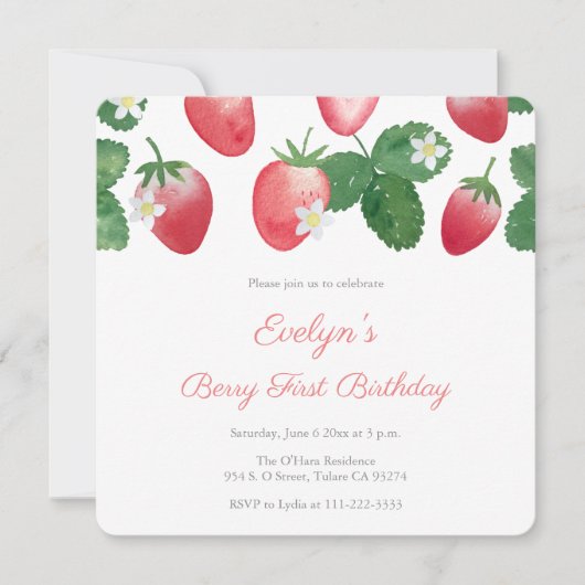 Berry First Birthday Party aardbeien Kaart (Voorkant)