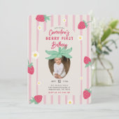 Berry First Birthday Party Invitation with Photo Kaart (Staand voorkant)