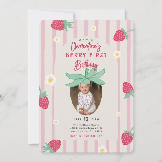 Berry First Birthday Party Invitation with Photo Kaart (Voorkant)