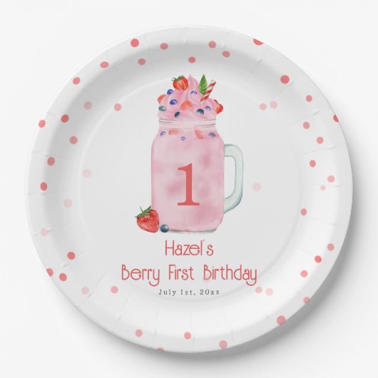 Berry First Birthday Party Smoothie Papieren Bordje (Voorkant)