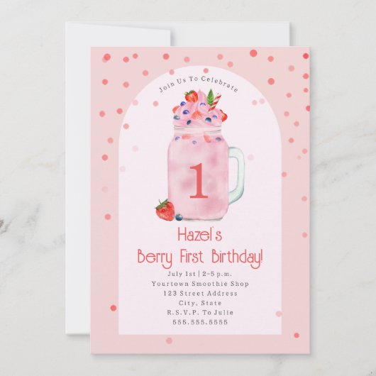 Berry First Birthday Party Smoothie Pink Kaart (Voorkant)