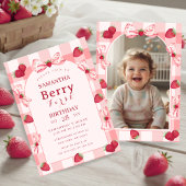Berry First Birthday Photo Bow Gingham  Invitation