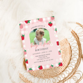 Berry First Birthday Photo Invitation Kaart