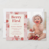 Berry First Birthday Pink Bow Cute Photo Kaart (Voorkant)