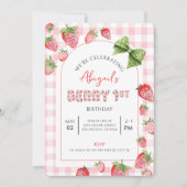 Berry First Birthday Pink Gingham Photo Invitation Kaart (Voorkant)