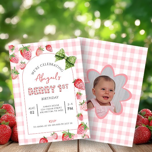 Berry First Birthday Pink Gingham Photo Invitation Kaart