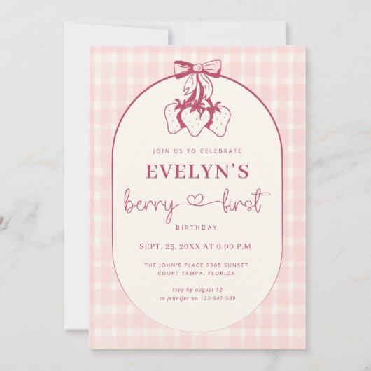 Berry First Birthday Pink Red Bow Strawberry Kaart (Voorkant)
