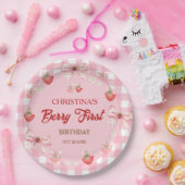 Berry first birthday pink strawberry gingham papieren bordje (Feest)