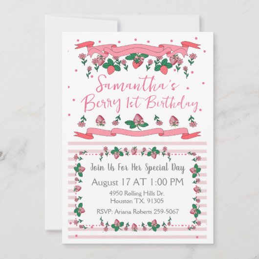 Berry First Birthday Pink White Strawberry  Kaart (Voorkant)
