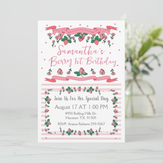 Berry First Birthday Pink White Strawberry  Kaart (Staand voorkant)