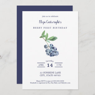 Berry First Birthday Simple Blueberry Invitation Kaart