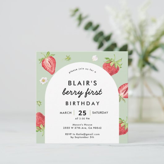Berry First Birthday Strawberry Arch Square Kaart (Staand voorkant)