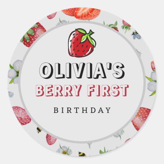 Berry First Birthday Strawberry Birthday Party Ronde Sticker (Voorkant)