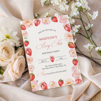 Berry First Birthday Strawberry Bow 1st Birthday Kaart