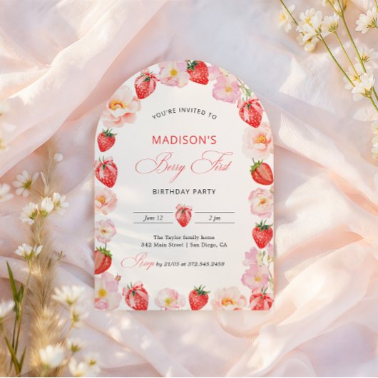 Berry First Birthday Strawberry Bow 1st Birthday Kaart