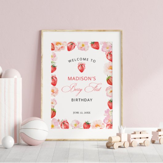 Berry First Birthday Strawberry Bow Welcome Poster
