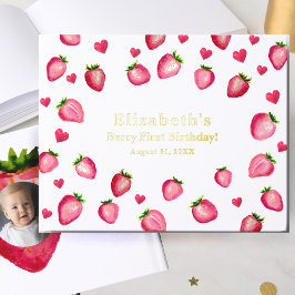 Berry First Birthday Strawberry Custom Photo Gold Gastenboek