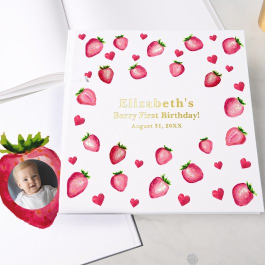 Berry First Birthday Strawberry Custom Photo Gold Gastenboek