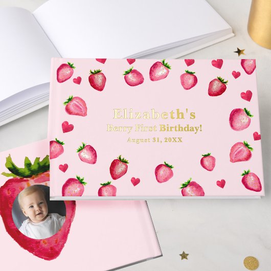 Berry First Birthday Strawberry Custom Photo Gold Gastenboek