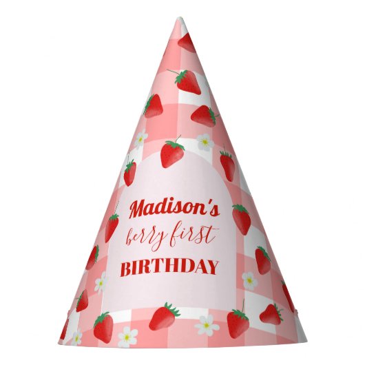 Berry First Birthday Strawberry Eerste 1e Welkom Feesthoedjes (Voorkant)