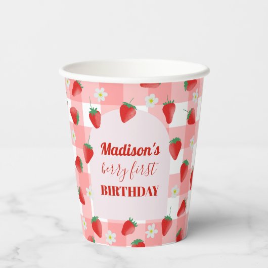 Berry First Birthday Strawberry Eerste 1e Welkom Papieren Bekers (Achterkant)