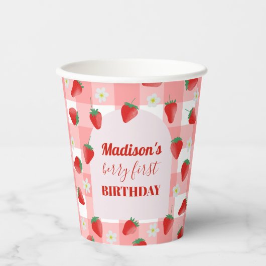 Berry First Birthday Strawberry Eerste 1e Welkom Papieren Bekers (Voorkant)