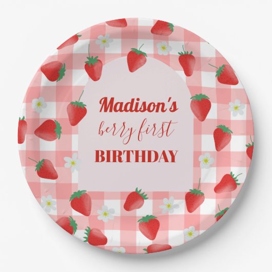 Berry First Birthday Strawberry Eerste 1e Welkom Papieren Bordje (Voorkant)