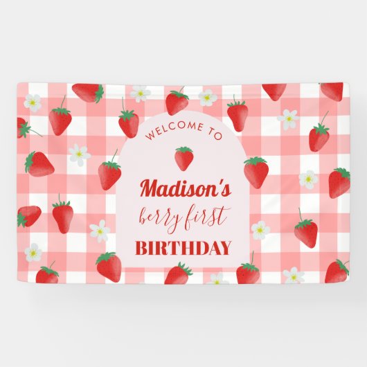 Berry First Birthday Strawberry Eerste 1e Welkom Spandoek (Horizontaal)