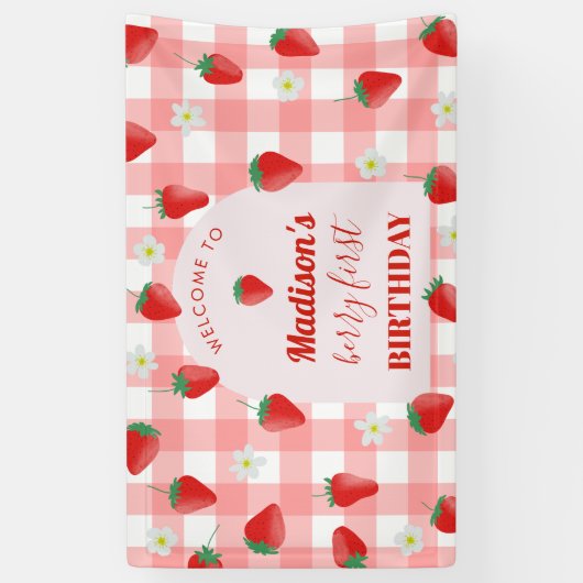Berry First Birthday Strawberry Eerste 1e Welkom Spandoek (Verticaal)