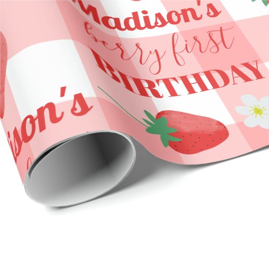 Berry First Birthday Strawberry First 1e naam Cadeaupapier (Rol Hoek)