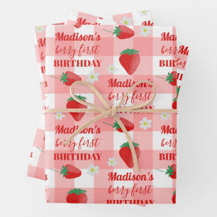 Berry First Birthday Strawberry First 1e naam Inpakpapier Vel