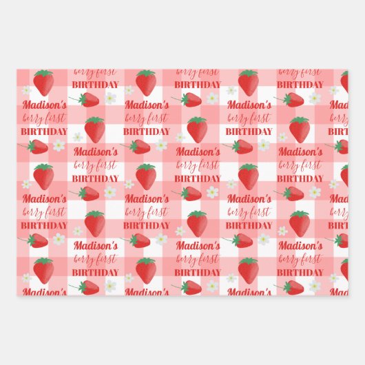 Berry First Birthday Strawberry First 1e naam Inpakpapier Vel (Voorkant)