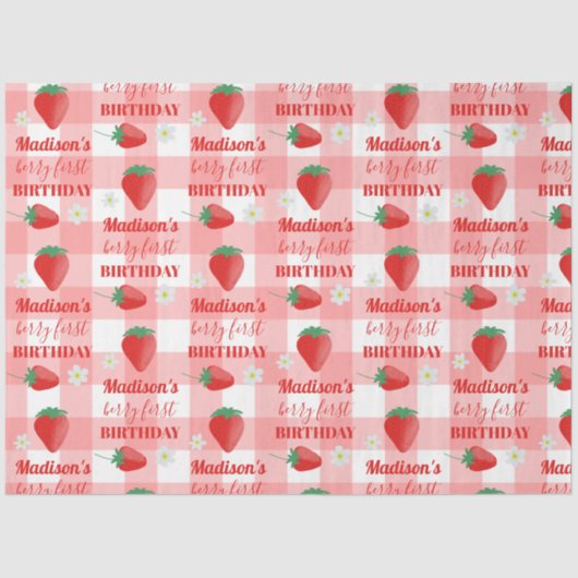 Berry First Birthday Strawberry First 1e naam Tissuepapier (Voorkant)