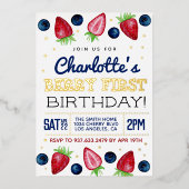 Berry First Birthday Strawberry Folie Uitnodiging (Voorkant)