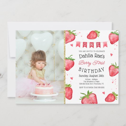 Berry First Birthday Strawberry Foto Kaart (Voorkant)