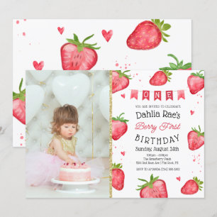 Berry First Birthday Strawberry Foto Kaart