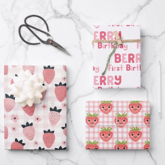Berry First Birthday Strawberry Inpakpapier Vel (Voorkant)