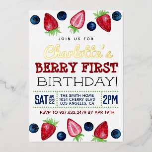 Berry First Birthday Strawberry Invitation Folie Uitnodiging
