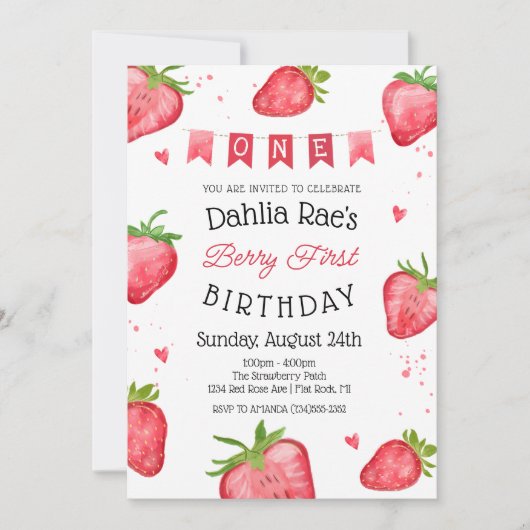 Berry First Birthday Strawberry Invitation Kaart (Voorkant)