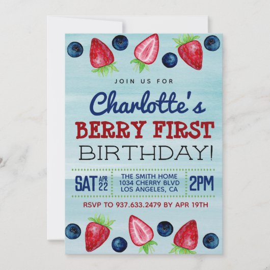Berry First Birthday Strawberry Invitation Kaart (Voorkant)