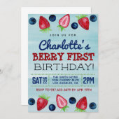 Berry First Birthday Strawberry Invitation Kaart (Voorkant / Achterkant)