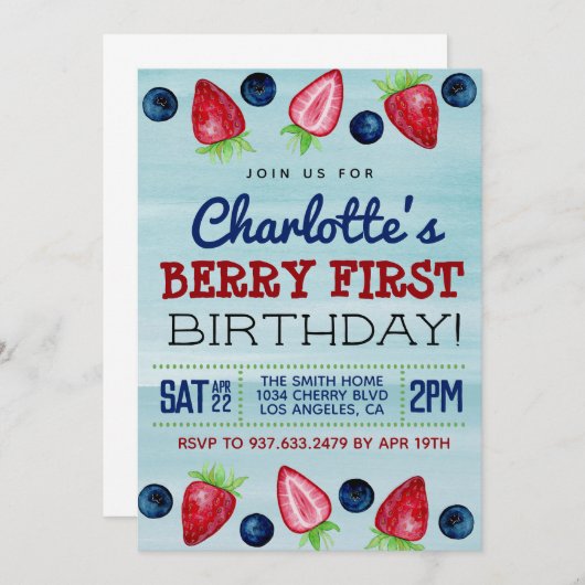 Berry First Birthday Strawberry Invitation Kaart (Voorkant / Achterkant)